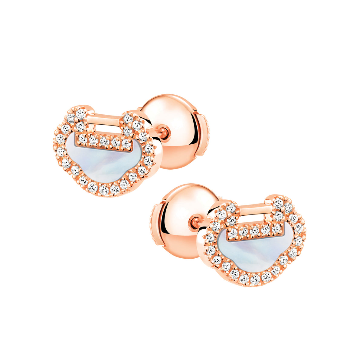 Petite Yu Yi ear studs in 18K rose gold with diamonds and mother of pearl