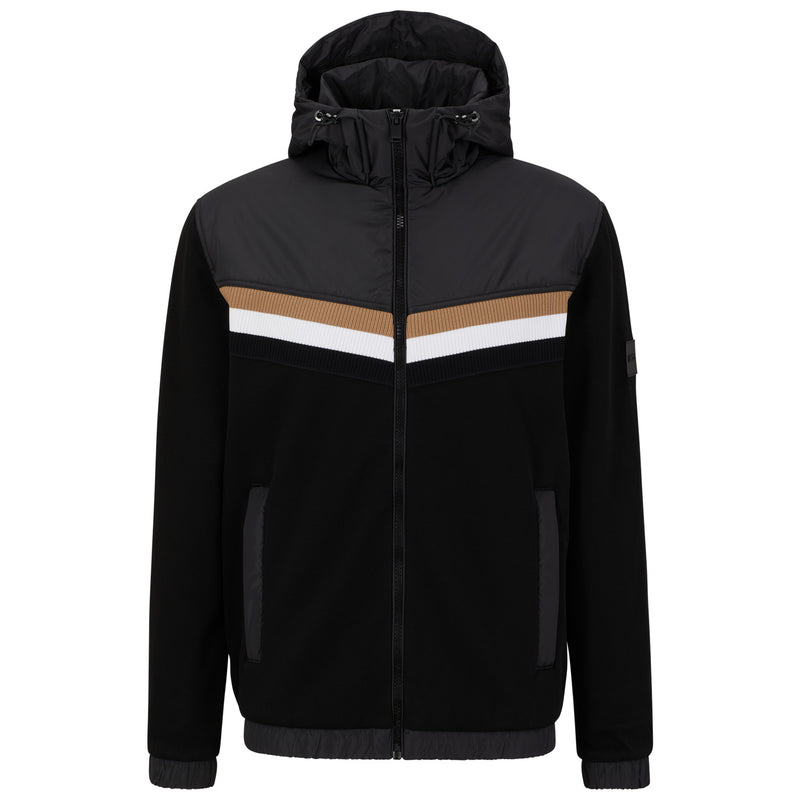 Mixed-material zip-up hoodie with signature stripes