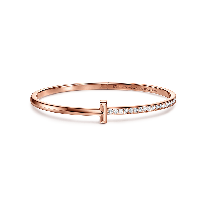 Tiffany T T1 Hinged Bangle in Rose Gold with Diamonds, Narrow