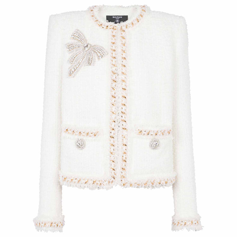 Collarless Tweed Embroidered Jacket