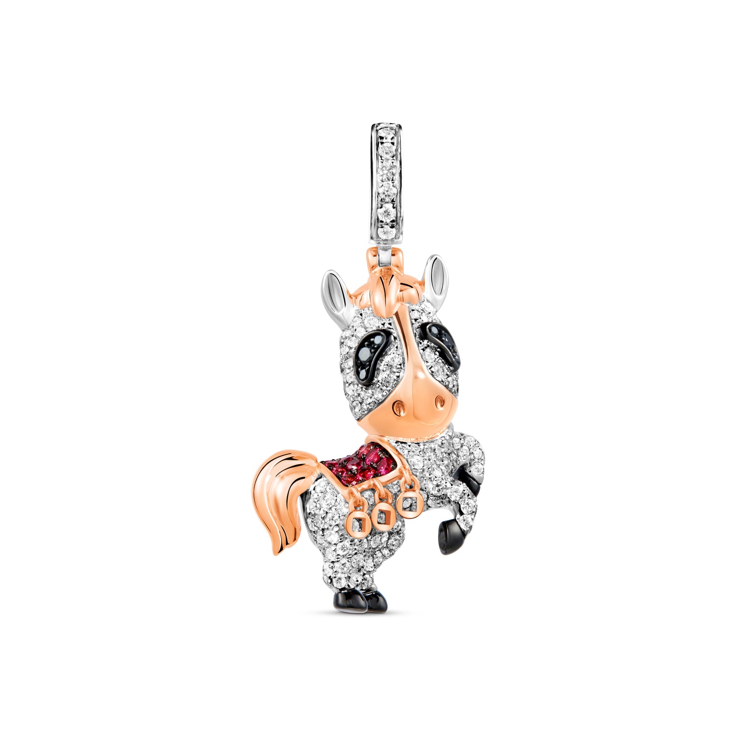 Horse Bo Bo Pendant in 18K White and Rose Gold set with Rubies, Diamonds and Black Diamonds (Limited Edition 88 Pieces)