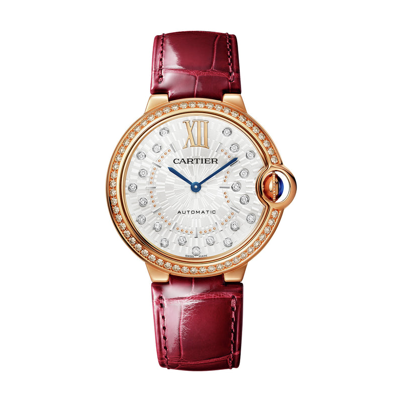 Ballon Bleu de Cartier watch, 36mm, mechanical movement, rose gold, diamonds, leather