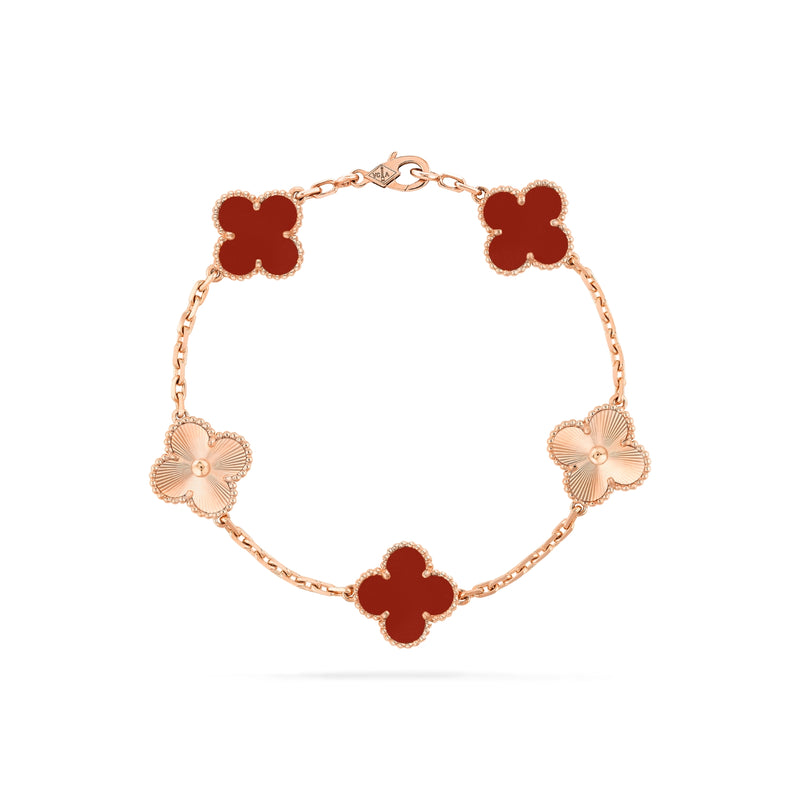 Bracelet, Alhambra Vintage, 5 Motifs, Pink Gold, Carnelian, Guilloche
