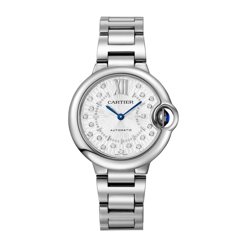 Ballon Bleu de Cartier Watch, 36mm, Automatic Mechanical Movement, Stainless Steel, Diamonds