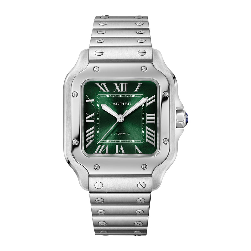 Santos de Cartier Watch, Medium Model, Automatic Mechanical Movement, Stainless Steel, Interchangable Metal Bracelet and Leather Strap