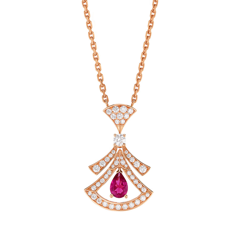 DIVAS' DREAM necklace in 18 kt rose gold set with a pear-shaped rubellite, a round brilliant-cut diamond and pavé diamonds