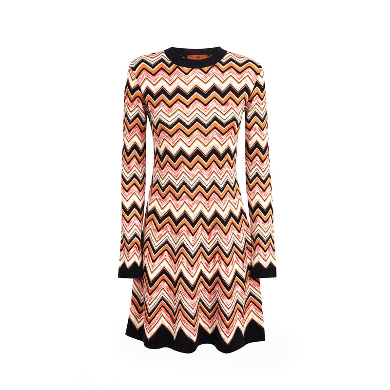 Long-sleeved crew-neck dress in zigzag knit