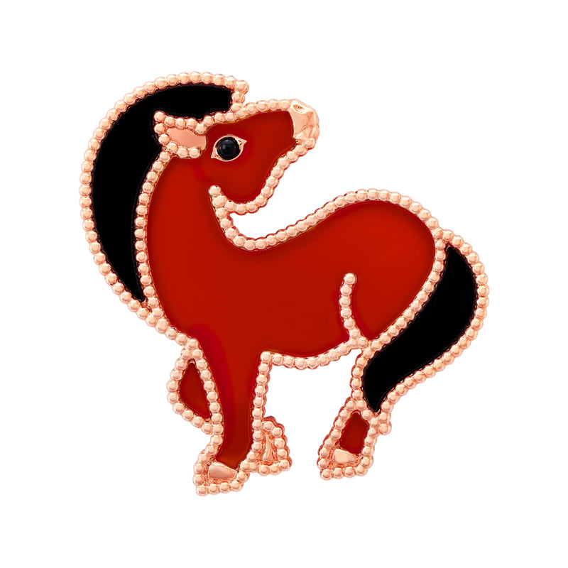 Lucky Animal Horse Clip, Pink Gold, Carnelian, Onyx