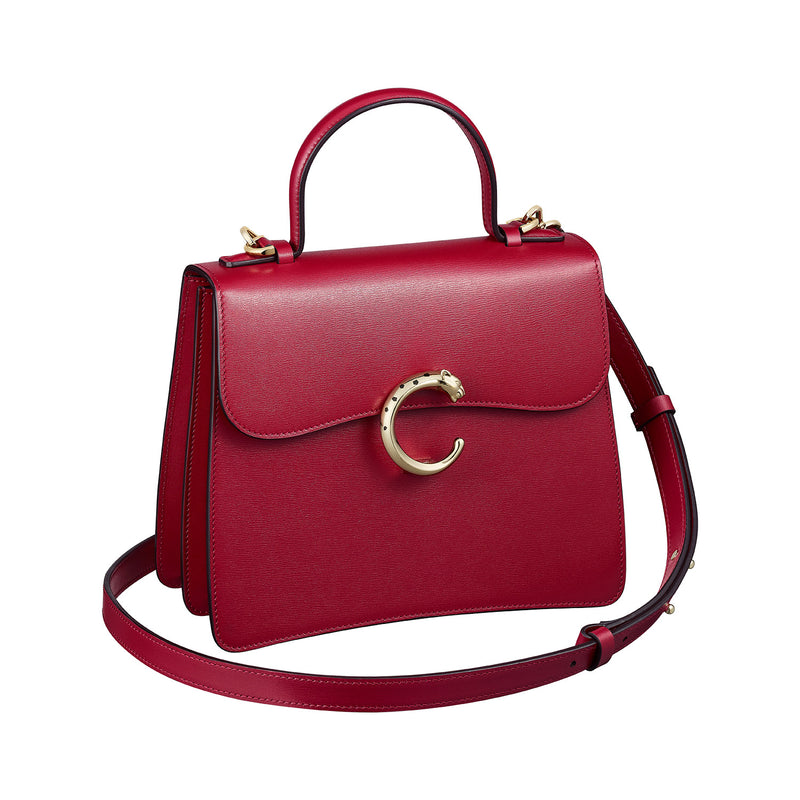Panthere C de Cartier Top Handle Bag Small Model, Clack herry Red Calfskin, Gold Finish