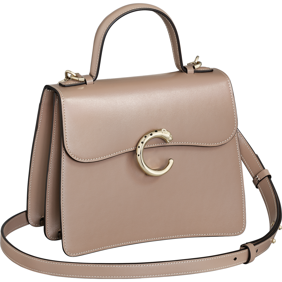 Small Model Handle Bag, Panthère C de Cartier, Clay-Coloured Calfskin, Golden Finish