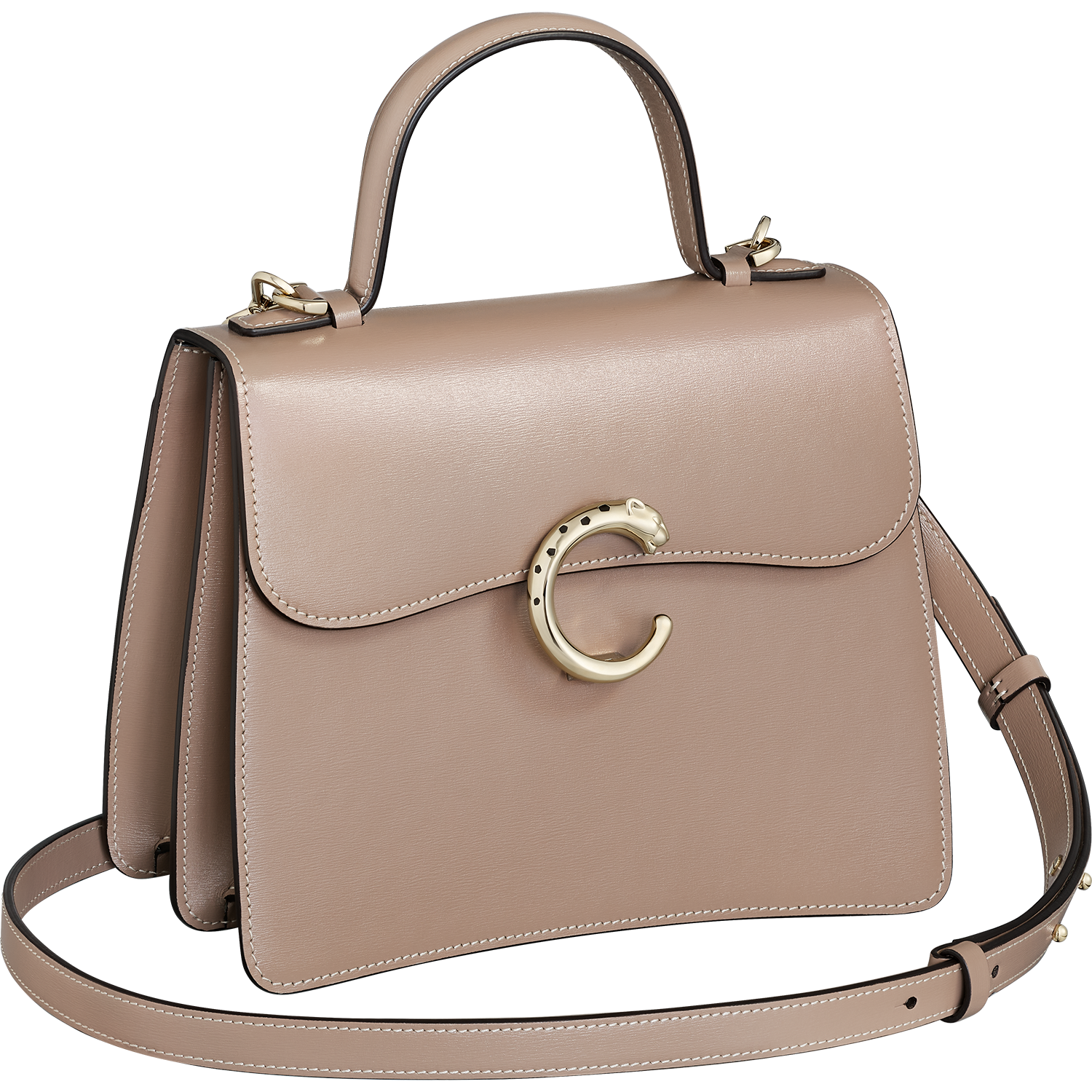 Small Model Handle Bag, Panthère C de Cartier, Clay-Coloured Calfskin, Golden Finish