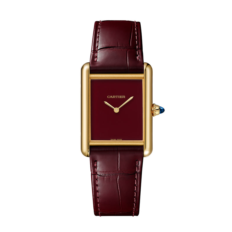 Tank Louis Cartier watch, large model, mechanical movement, yellow gold, leather strap
