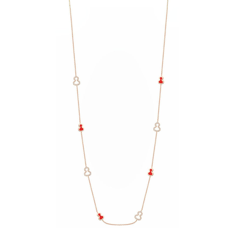 Wulu Mini Long Necklace in 18K Rose Gold and Red Enamel Set with Diamonds