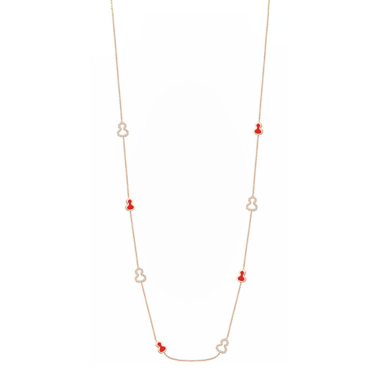 Wulu Mini Long Necklace in 18K Rose Gold and Red Enamel Set with Diamonds