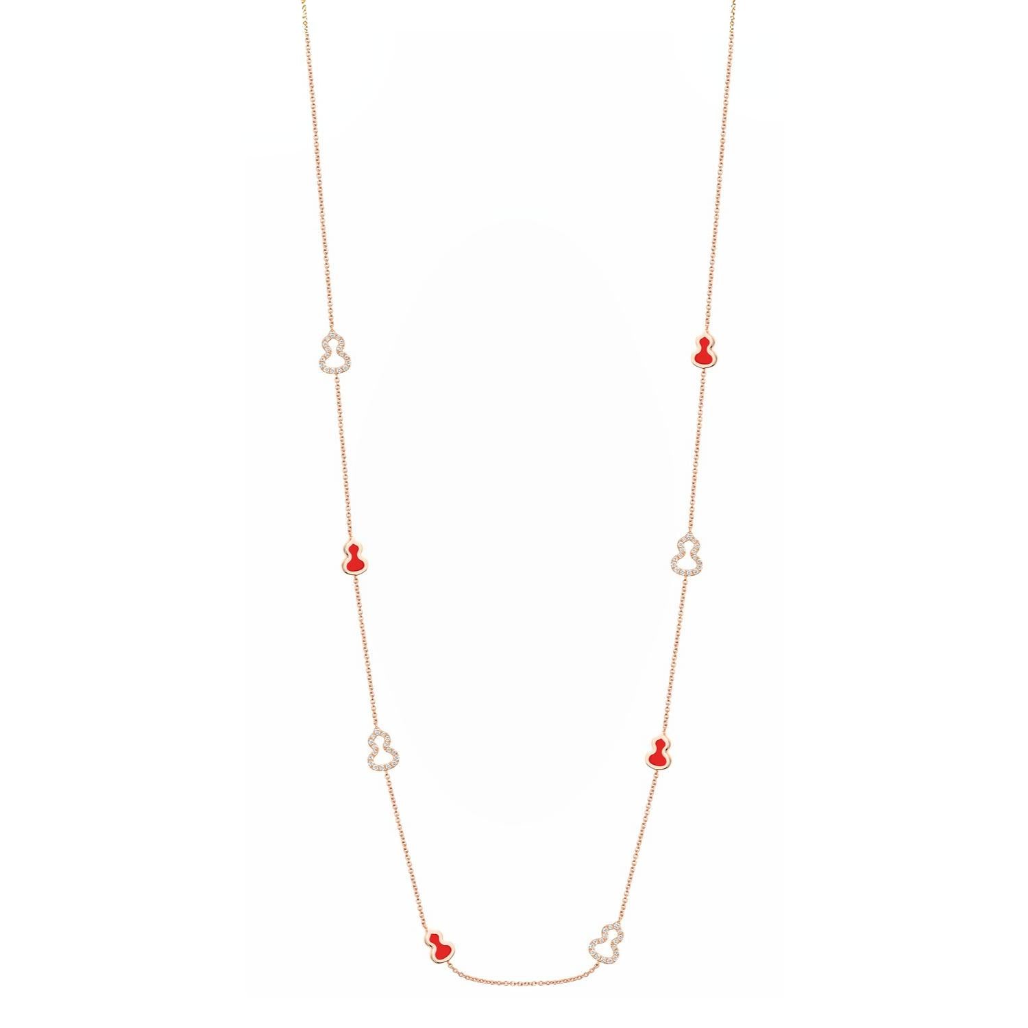 Wulu Mini Long Necklace in 18K Rose Gold and Red Enamel Set with Diamonds