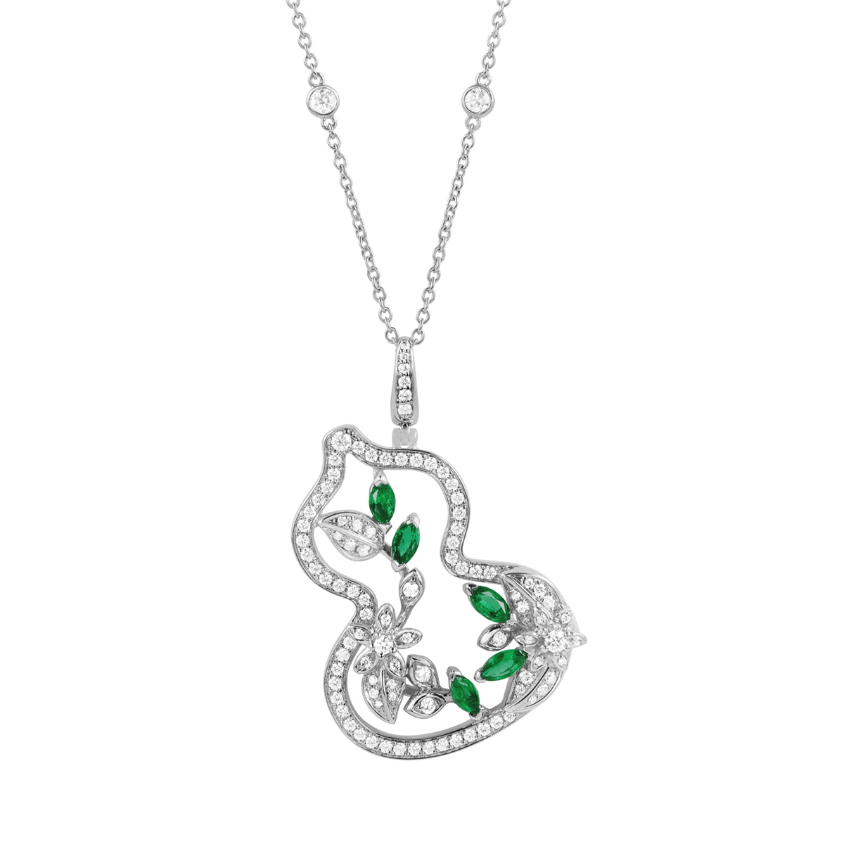 Wulu Garden Grande Necklace in 18K White Gold Set with Emeralds and Diamonds