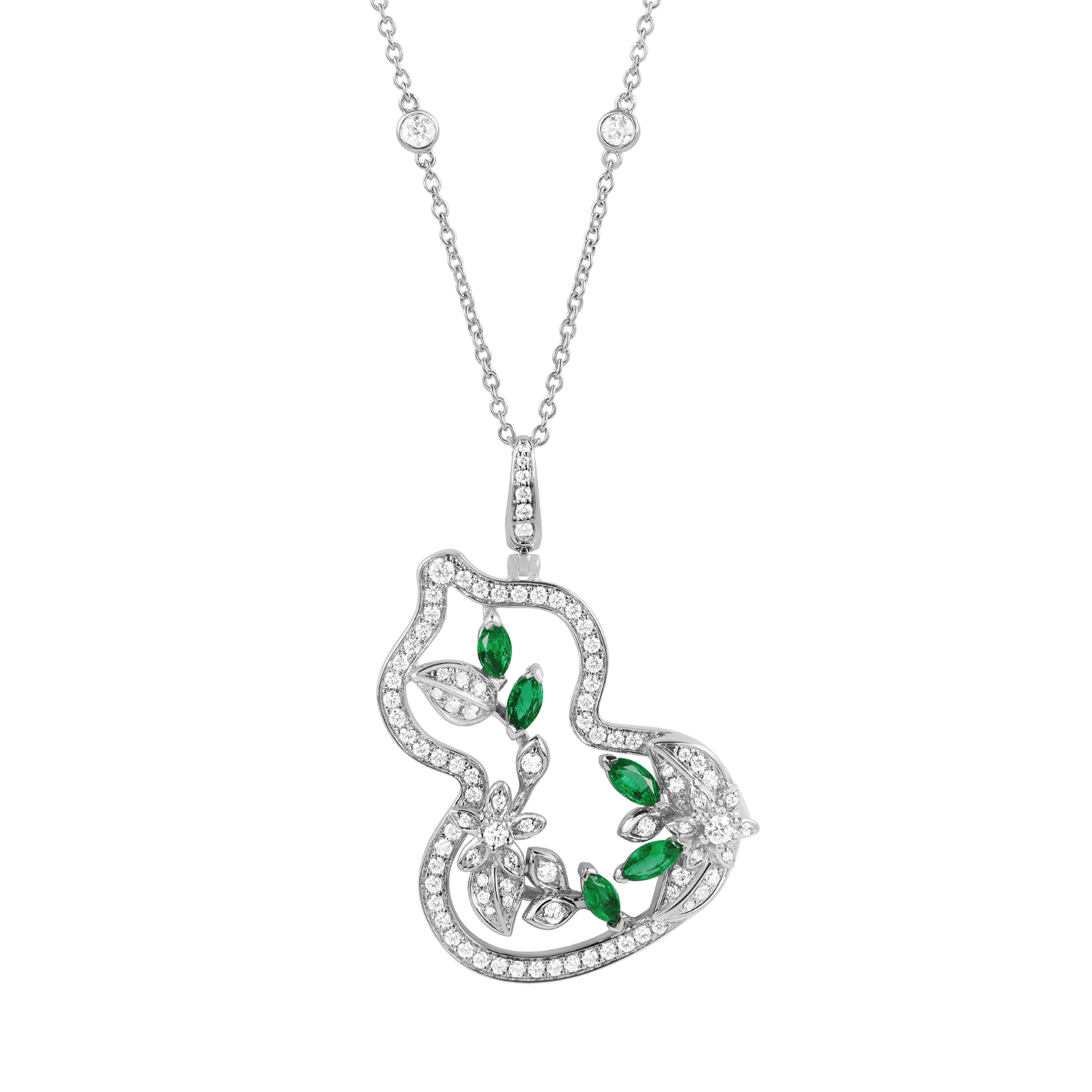 Wulu Garden Grande Necklace in 18K White Gold Set with Emeralds and Diamonds