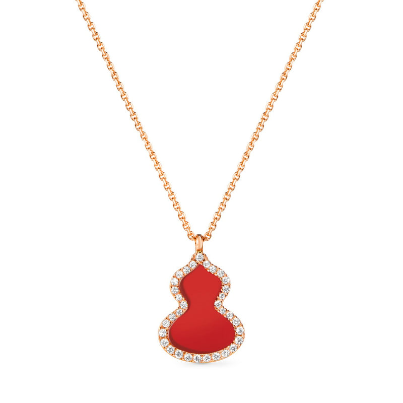 Wulu Small Necklace in 18K Rose Gold Set with Red Agate and Diamonds