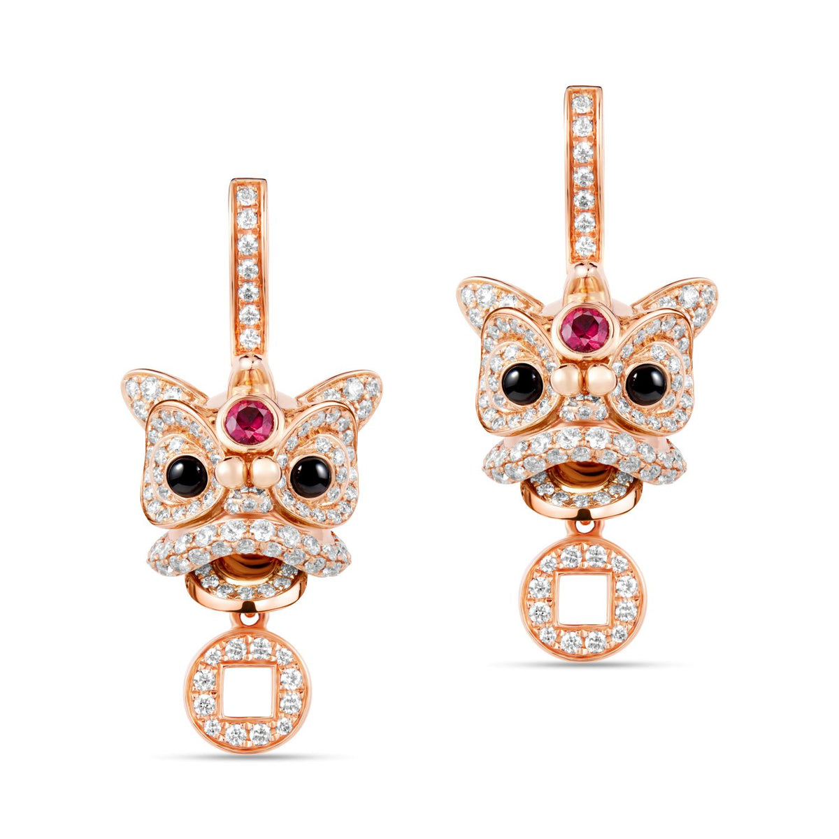 Xi Xi Medium Earrings in 18K Rose Gold set with Rubies, Onyx and Diamonds