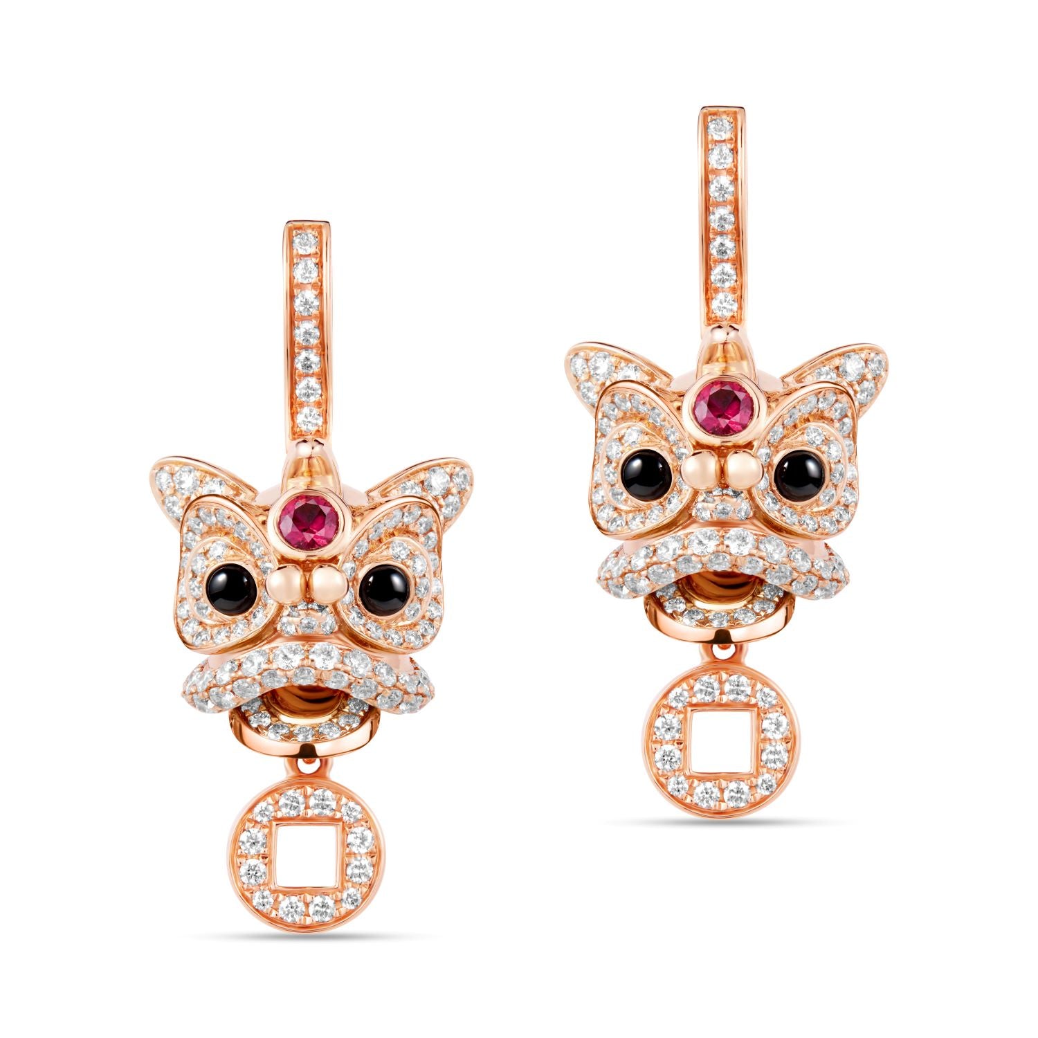Xi Xi Medium Earrings in 18K Rose Gold set with Rubies, Onyx and Diamonds
