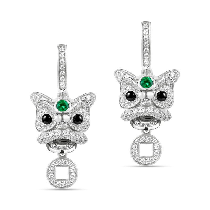 Xi Xi Medium Earrings in 18K White Gold Set with Emeralds, Onyx and Diamonds