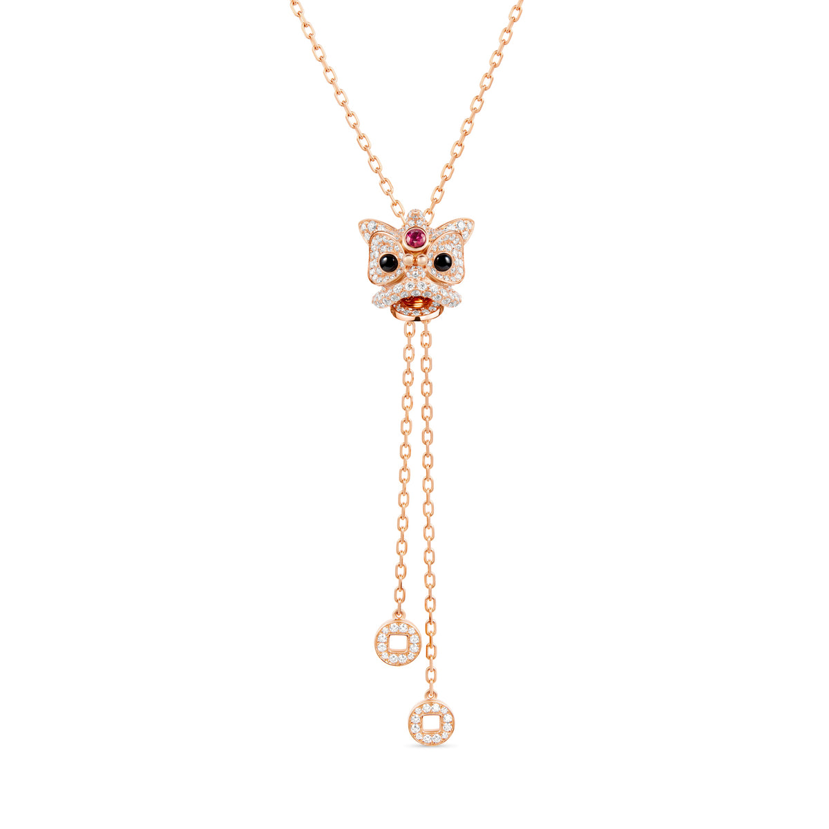 Xi Xi Grande Sliding Necklace in 18K Rose Gold set with a Ruby, Onyx and Diamonds