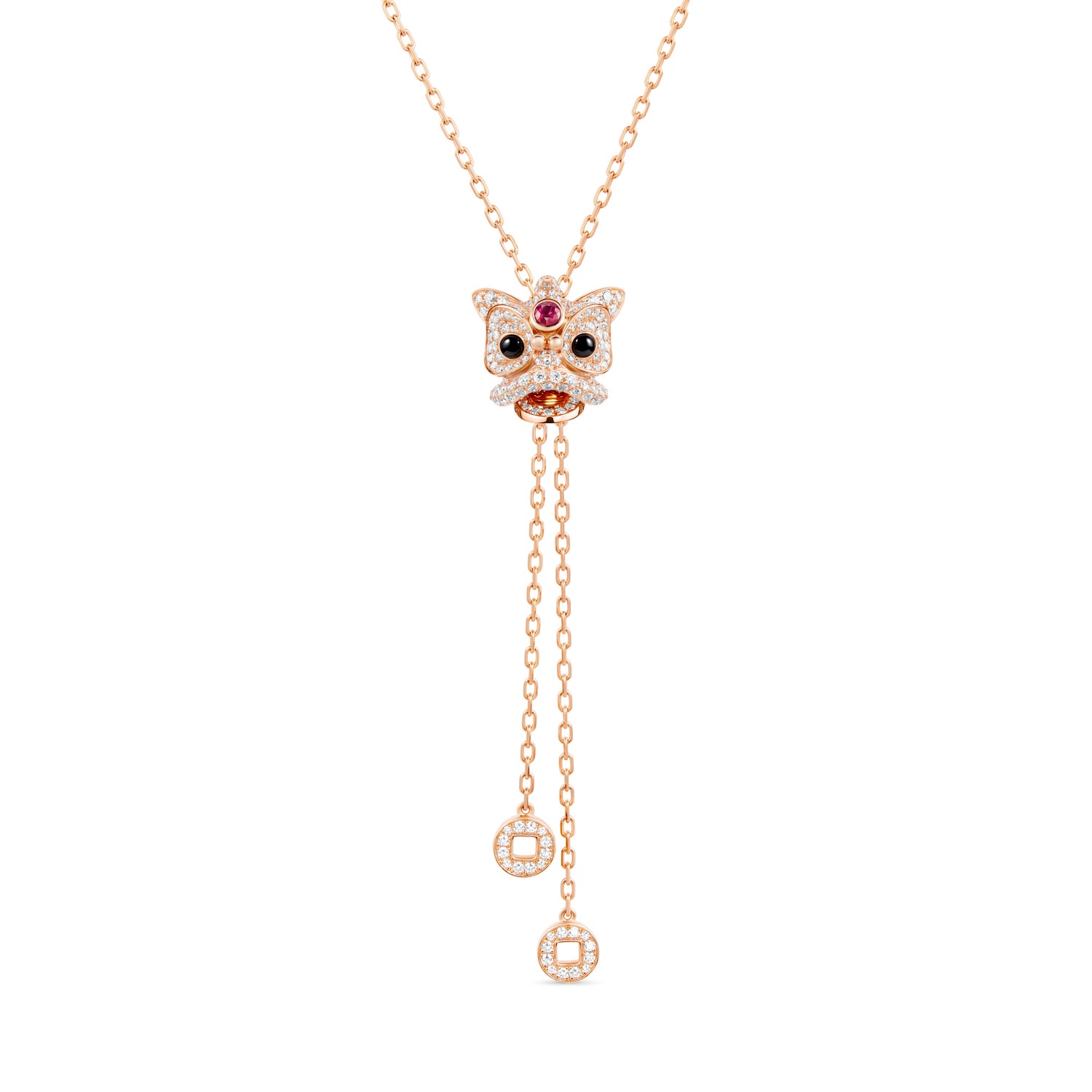 Xi Xi Grande Sliding Necklace in 18K Rose Gold set with a Ruby, Onyx and Diamonds