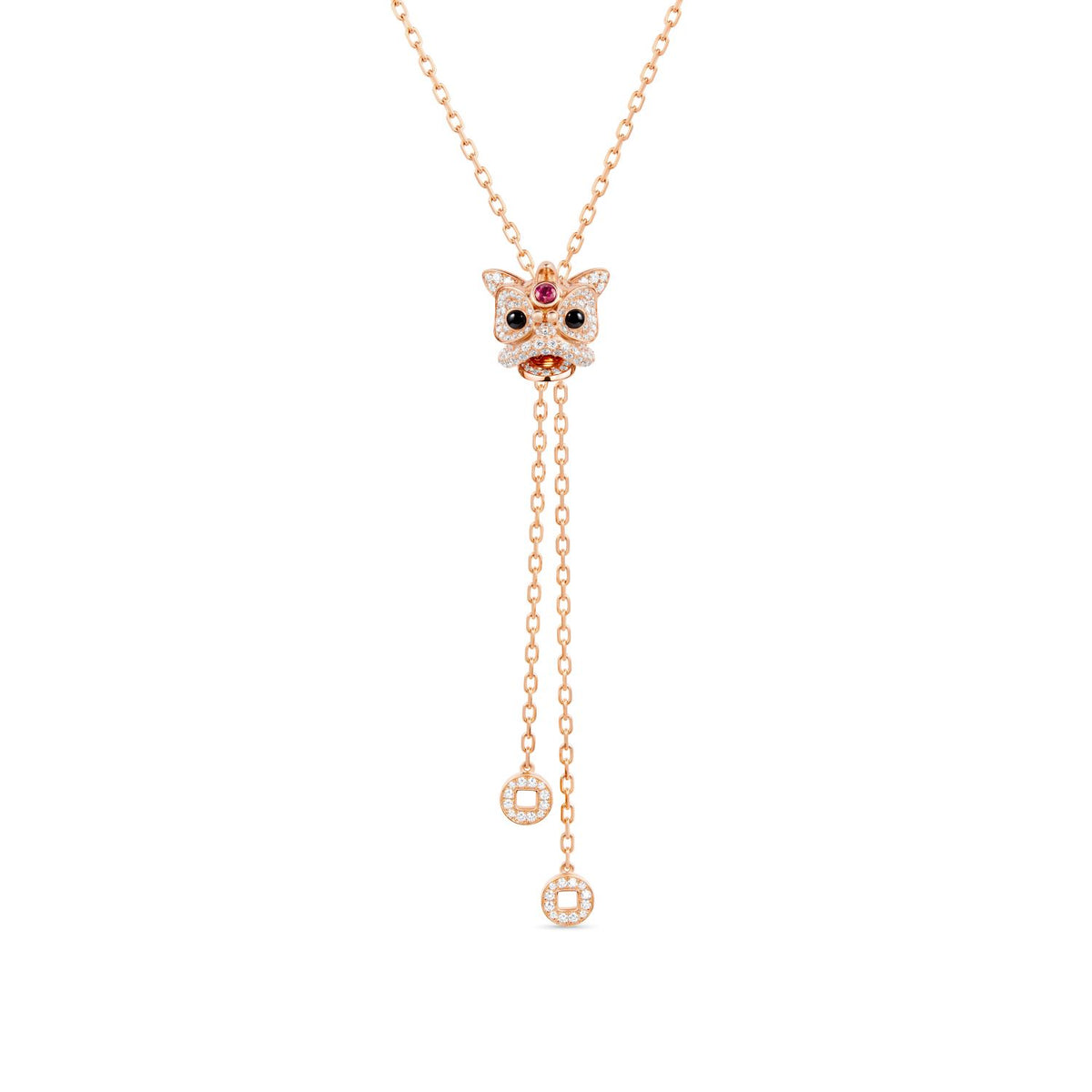 Xi Xi Medium Sliding Necklace in 18K Rose Gold Set with a Ruby, Onyx and Diamonds