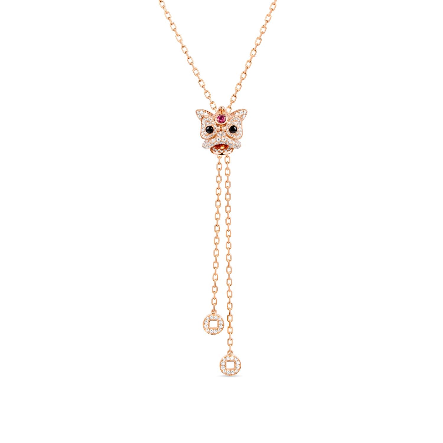 Xi Xi Medium Sliding Necklace in 18K Rose Gold Set with a Ruby, Onyx and Diamonds