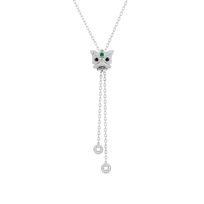 Xi Xi Medium Sliding Necklace in 18K White Gold Set with an Emerald, Onyx and Diamonds