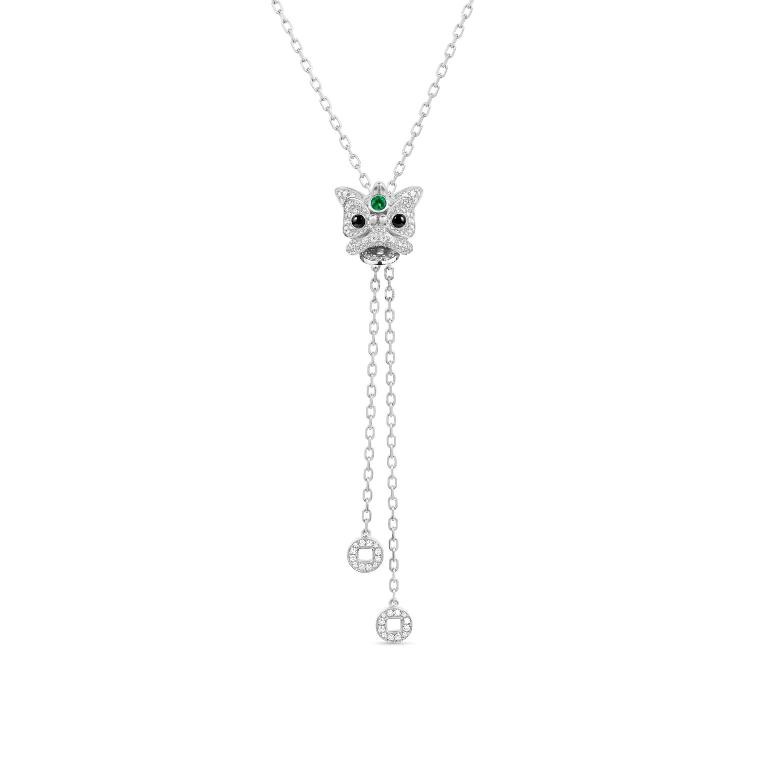 Xi Xi Medium Sliding Necklace in 18K White Gold Set with an Emerald, Onyx and Diamonds