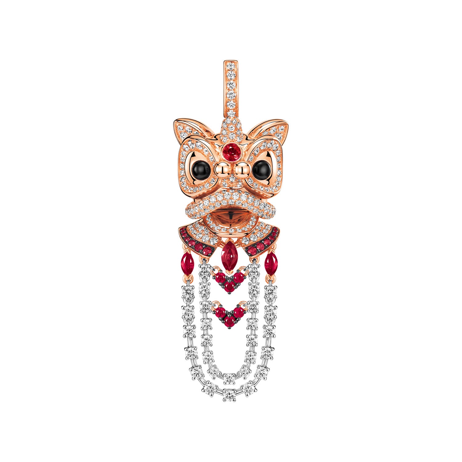 Medium Xi Xi pendant in 18K rose gold and white gold with diamonds and rubies