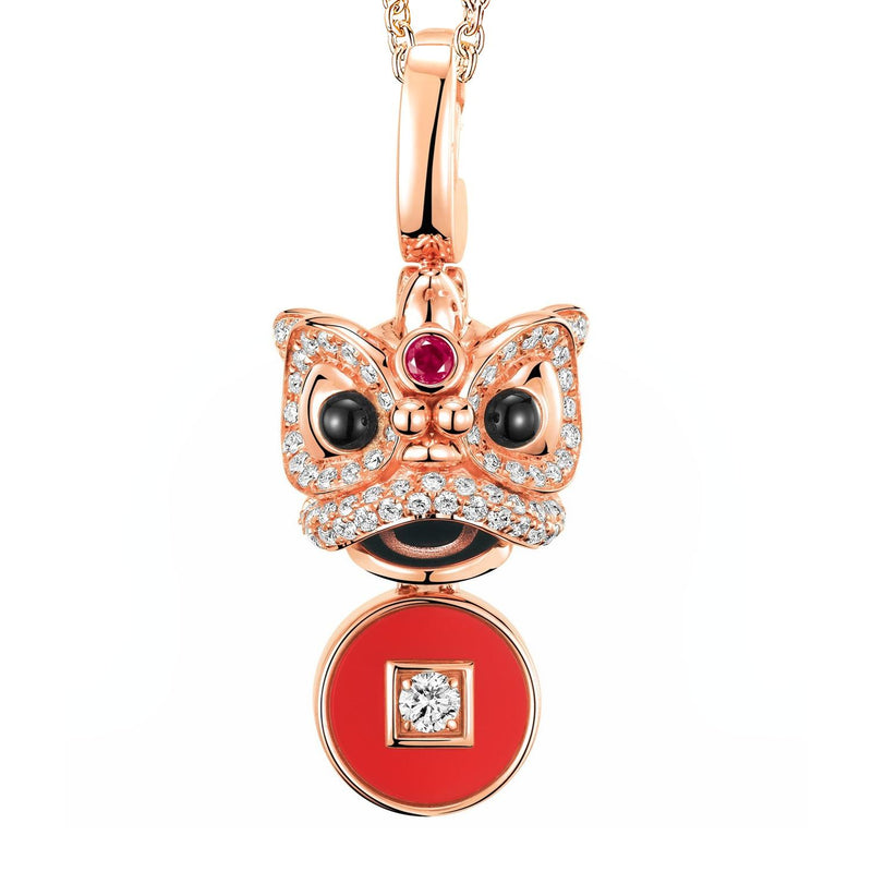 Xi Xi Small Pendant in 18K Rose Gold Set with a Ruby, Red Agate, Onyx and Diamonds