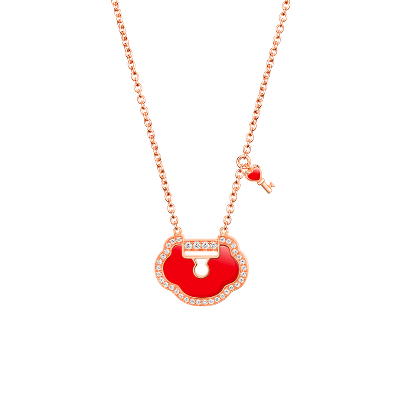Petite Yu Yi necklace in 18K rose gold with diamonds and red agate