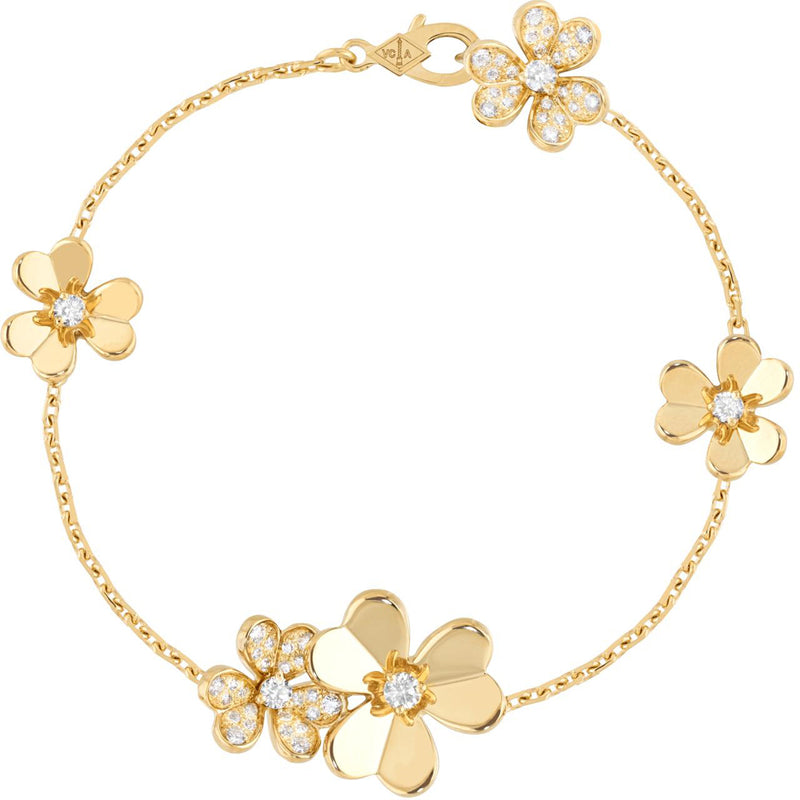 Frivole Bracelet 5 Flowers, Yellow Gold, Alternated Motifs Diamond Paved