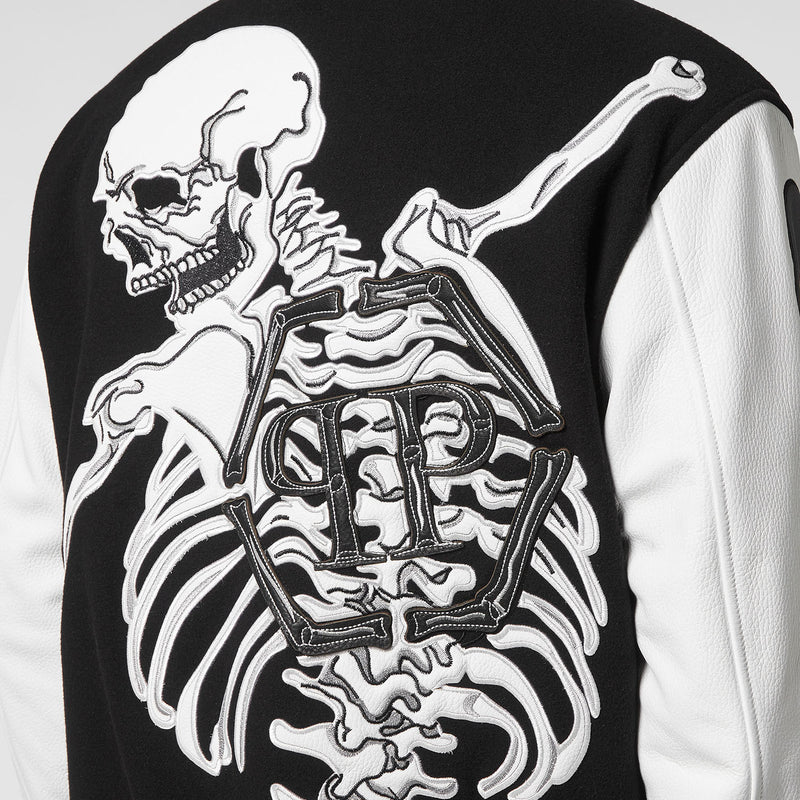 College Bomber Leather Sleeves Skeleton