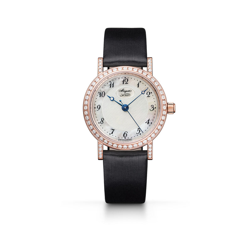 Classique Rose Gold  Bezel and lugs set with 64 diamonds. Natural mother-of-pearl dial, hand-engraved on a rose engine