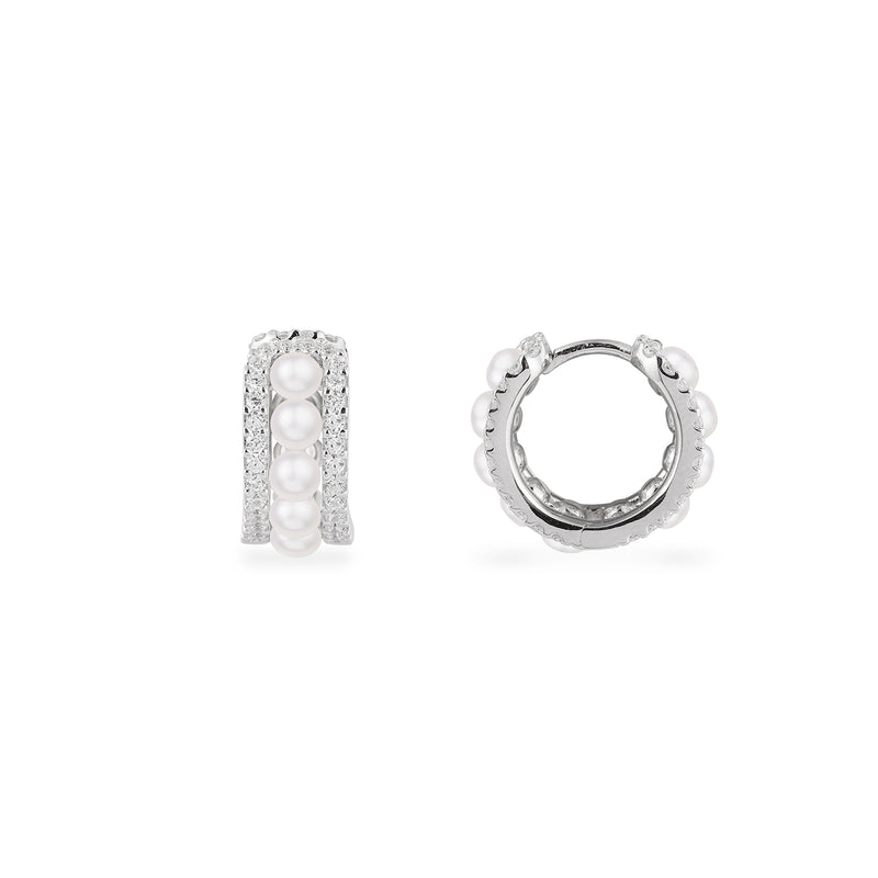 Small Double Paved Hoop Earrings With Pearls - Silver