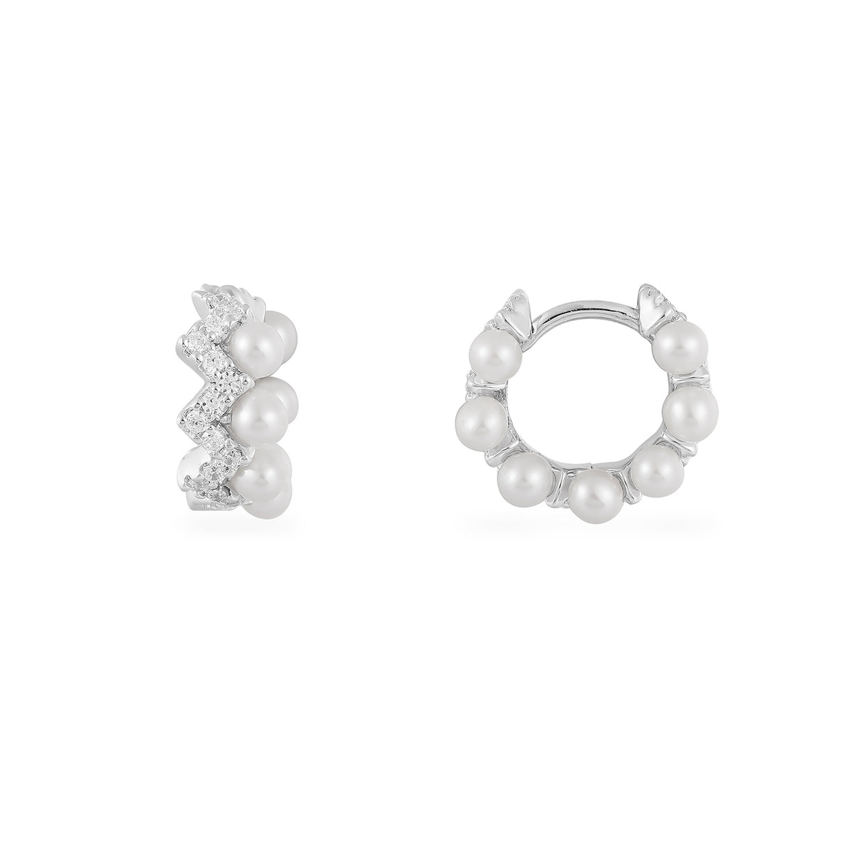 Mini Up And Down Hoop Earrings With Pearls - Silver