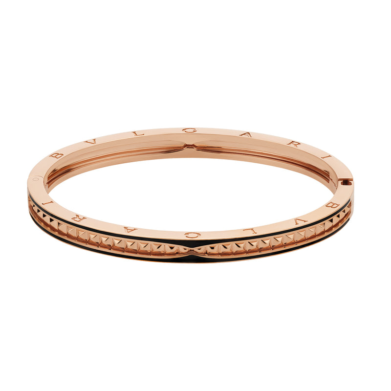 B.Zero1 Rock 18 Kt Rose Gold Bracelet With Studded Spiral And Black Ceramic Inserts On The Edges
