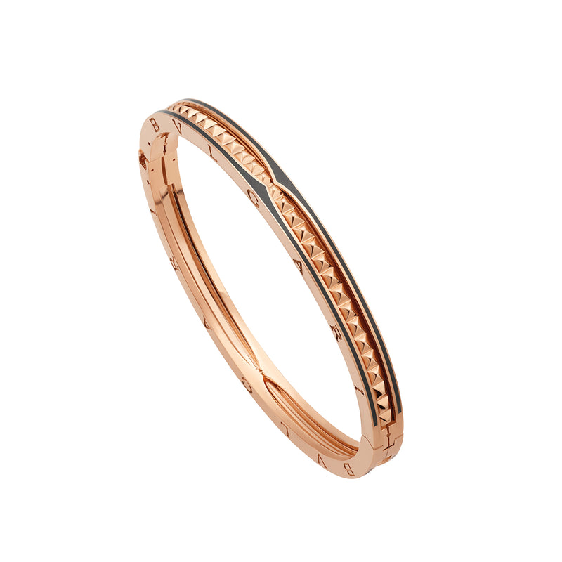 B.Zero1 Rock 18 Kt Rose Gold Bracelet With Studded Spiral And Black Ceramic Inserts On The Edges