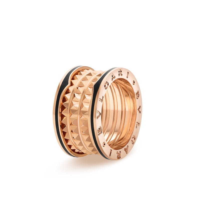 B.Zero1 Rock Four-Band Ring In 18 Kt Rose Gold With Studded Spiral And Black Ceramic Inserts On The Edges