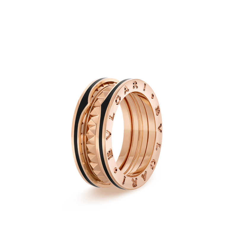 B.Zero1 Rock Two-Band Ring In 18 Kt Rose Gold With Studded Spiral And Black Ceramic Inserts On The Edges