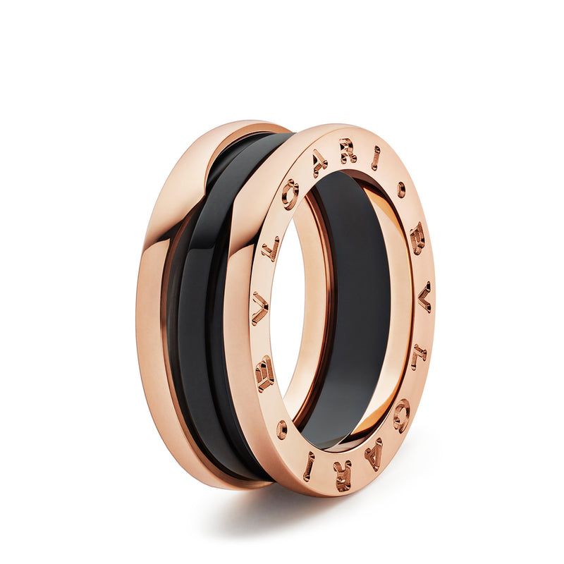 B.Zero1 Two-Band Ring With Two 18 Kt Rose Gold Loops And A Black Ceramic Spiral