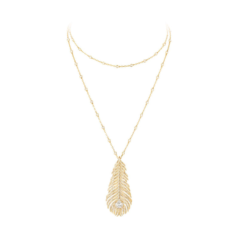 Boucheron Plume de Paon necklaces in yellow gold set with 1 rose-cut diamond 0.47 carat and 72 round diamonds 1.38 carats
