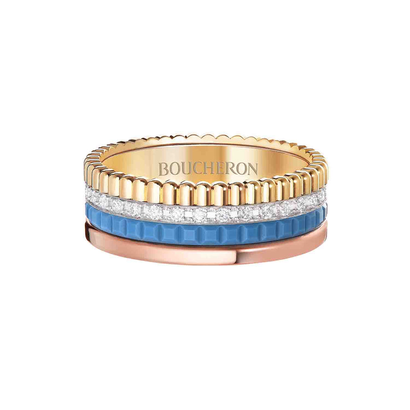 Boucheron Quatre Blue Edition Small Ring In Yellow, White And Pink Gold Paved With 33 Round Diamonds 0.24 Carat And Blue Ceramic