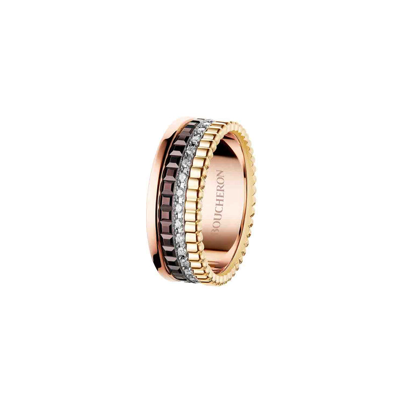 Boucheron Quatre Classique Small Ring In Yellow, White And Pink Gold Paved With 33 Round Diamonds, 0.25 Carats And Brown PVD