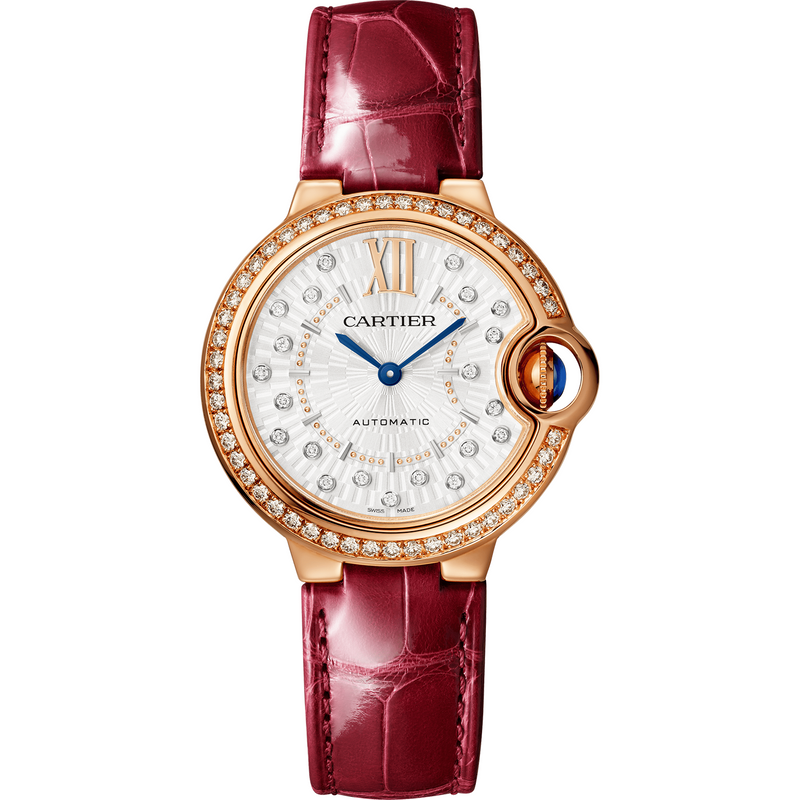 Ballon Bleu de Cartier Watch, 33mm, Automatic Mechanical Movement, Rose Gold, Diamonds, Leather