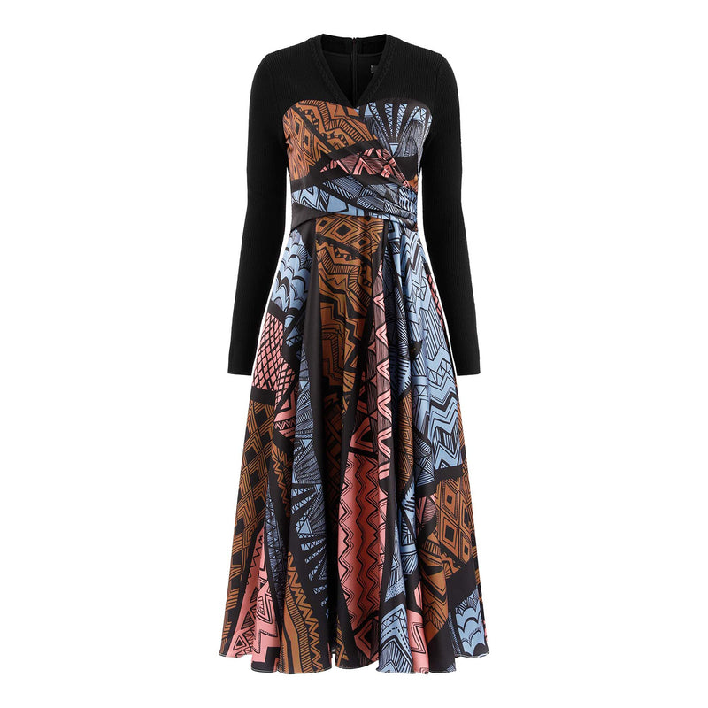 Contrast Knit Spliced Artistic Print Midi Dress