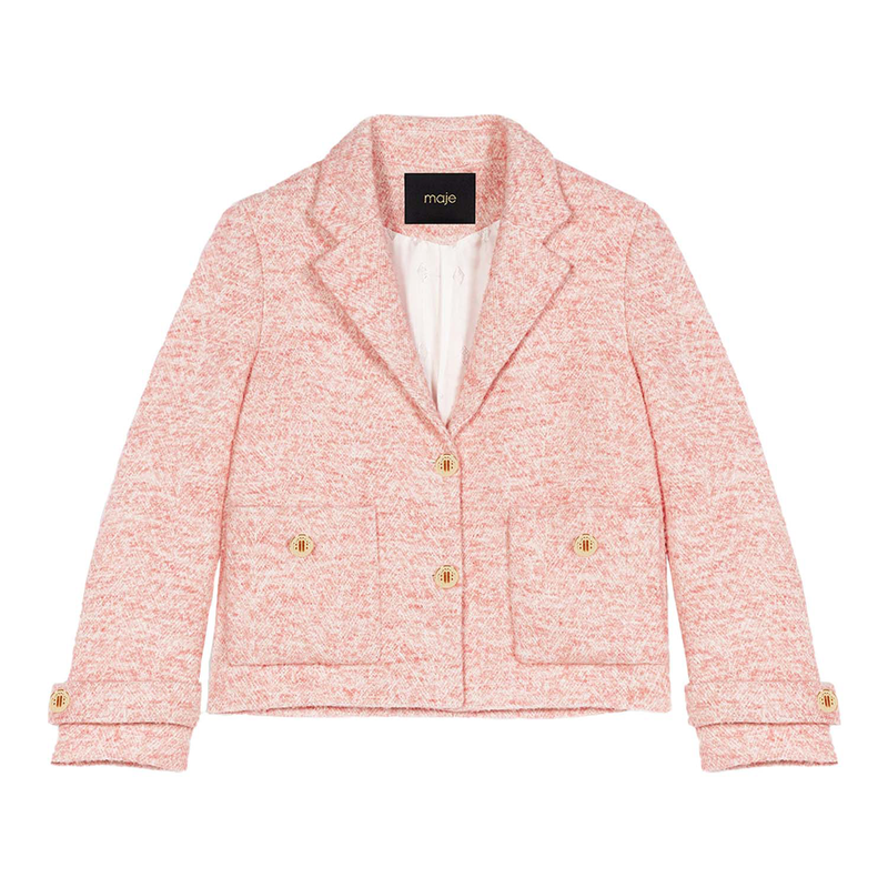 Pink tweed blazer with clover logo buttons